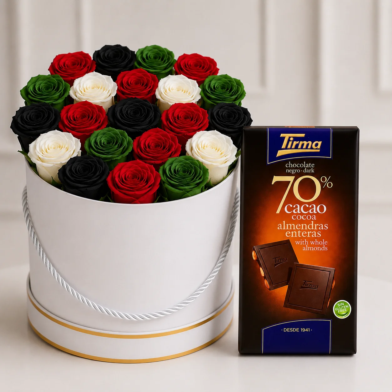 Heritage Rose Box & Dark Almond Chocolate Gift with red, white, black and green roses